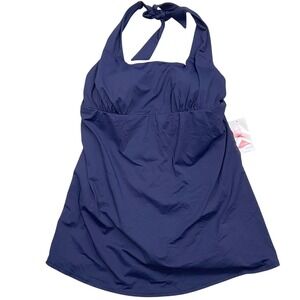 Lands' End Tankini Dress Women 1X 16W-18W Blue Halter‎ Swim Pad Bra Beach NWT